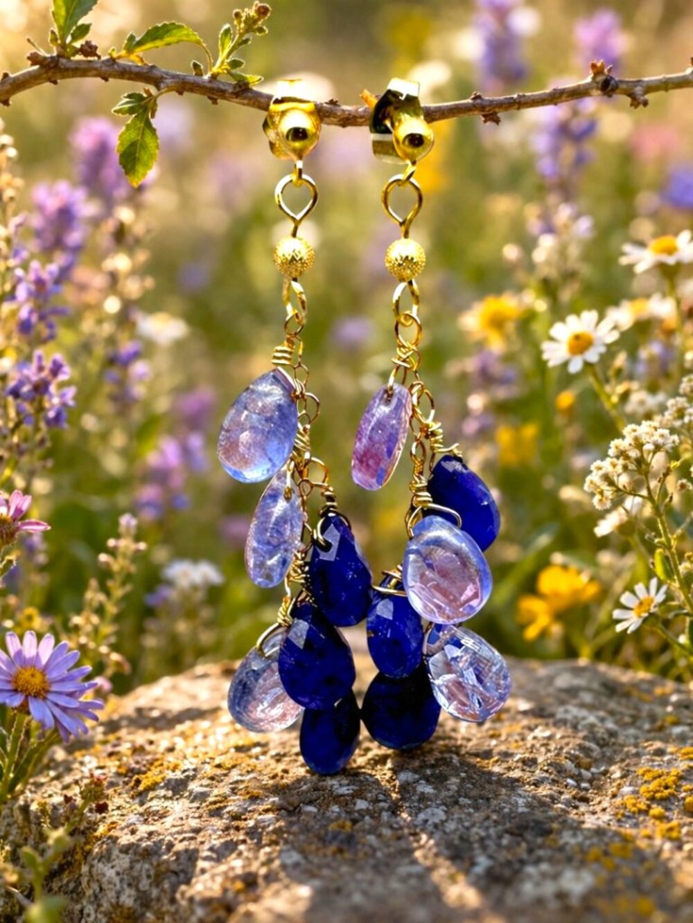 OOAK Tanzanite & Sapphire Earrings in 14k Gold Filled, Handmade Gemstone Jewelry